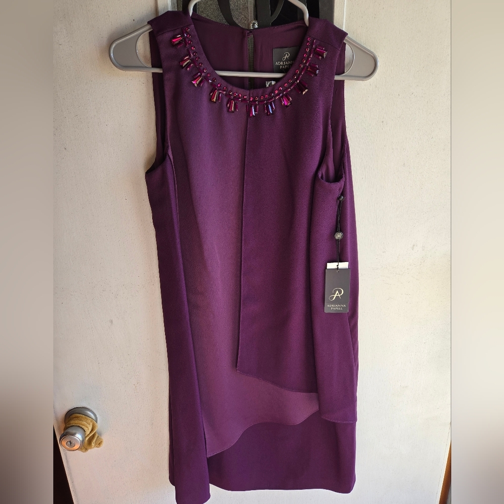 Adrianna Papell Plum Wine Sleeveless Embellished Front Drape Shift Dress NWT